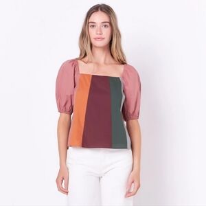 English Factory Color Block Stripe 3/4 Puff Sleeve Top